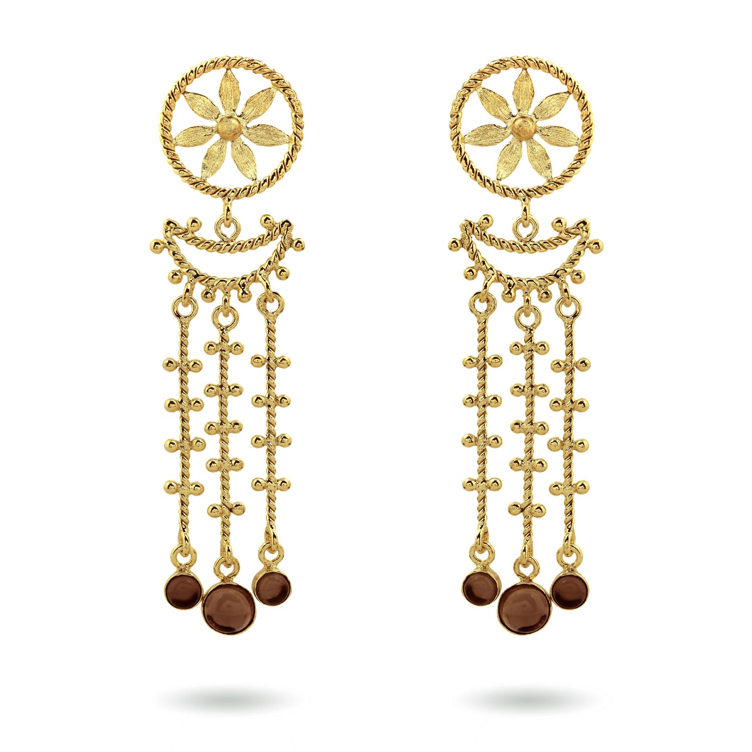 christine bekaert jewelry handcrafted gold-plated nabu earrings with star design and gemstones smokey quartz