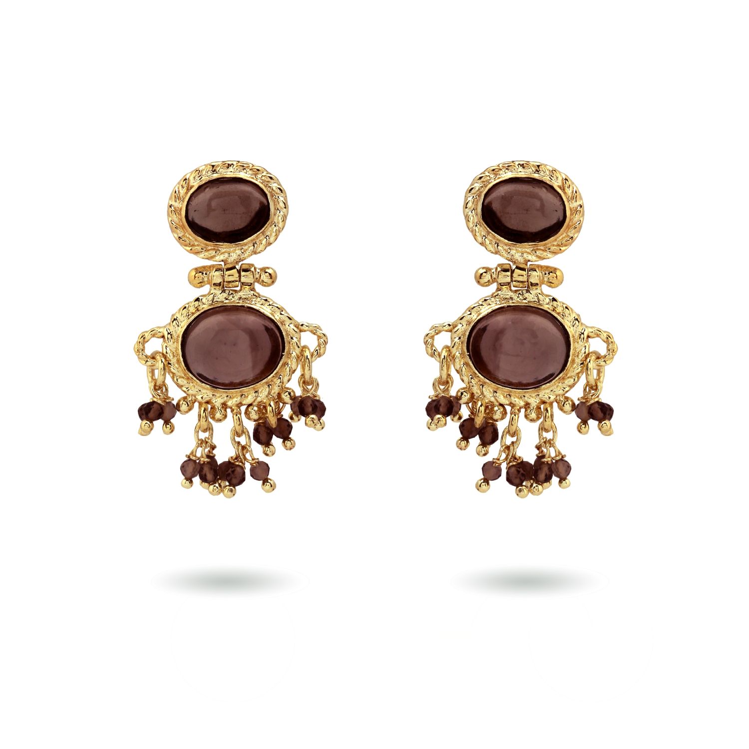 Packshot christine bekaert jewelry handcrafted gold-plated neberu earrings with gemstones smokey quartz
