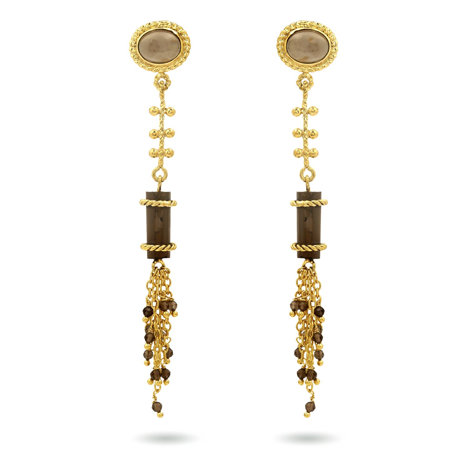 christine bekaert jewelry handcrafted gold-plated Hammurabi earrings with natural gemstones smokey quartz
