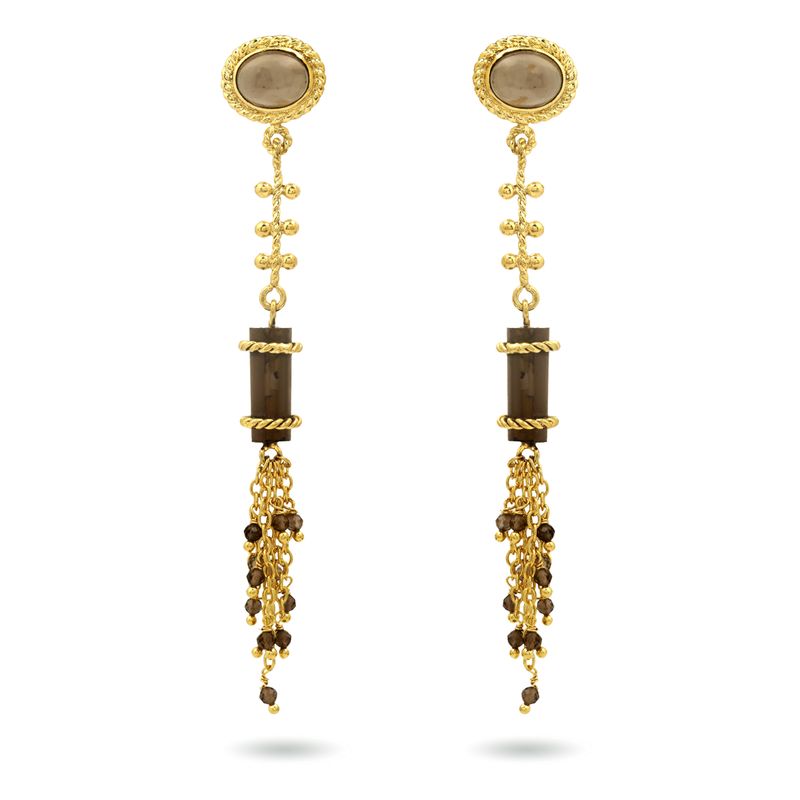christine bekaert jewelry handcrafted gold-plated Hammurabi earrings with natural gemstones smokey quartz
