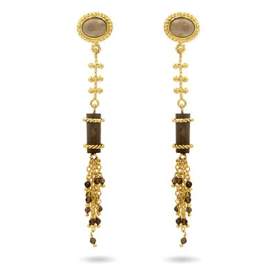 christine bekaert jewelry handcrafted gold-plated Hammurabi earrings with natural gemstones smokey quartz
