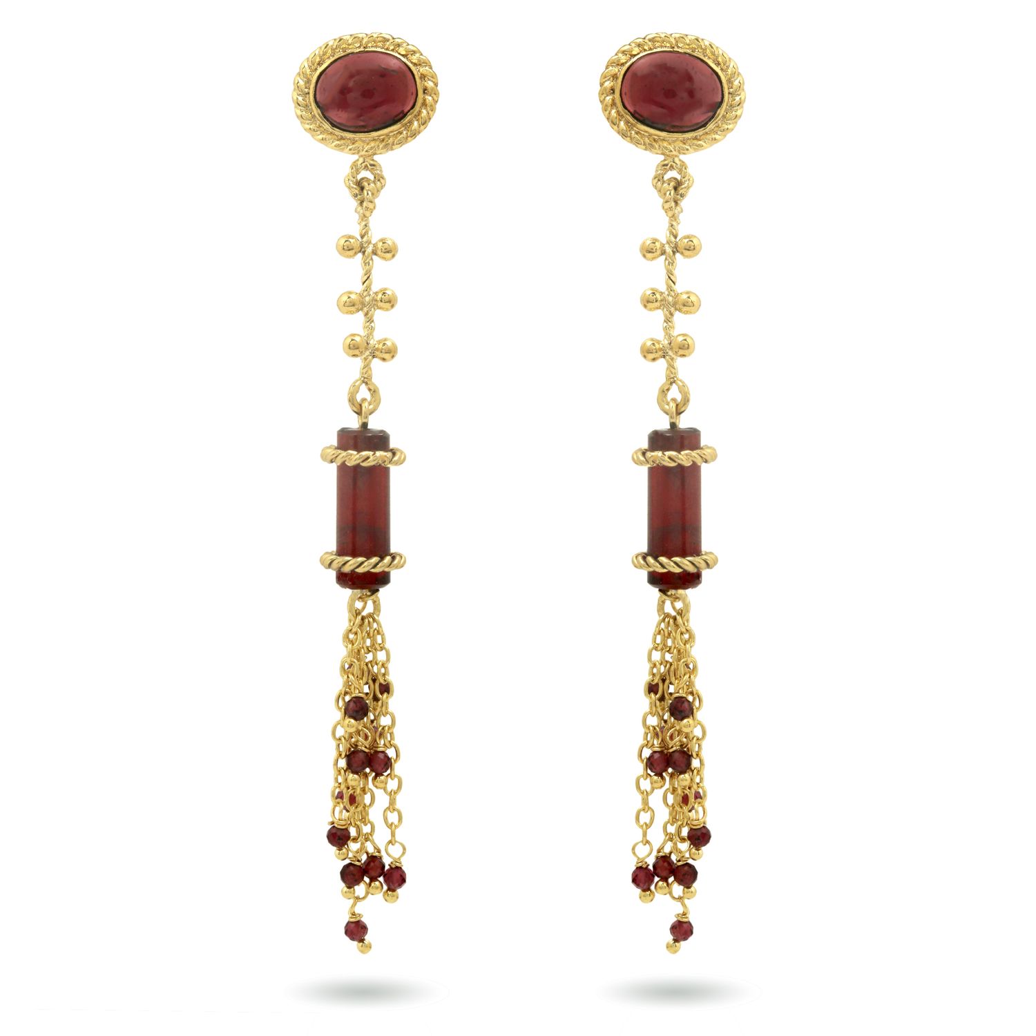 christine bekaert jewelry handcrafted gold-plated Hammurabi earrings with natural gemstones garnet
