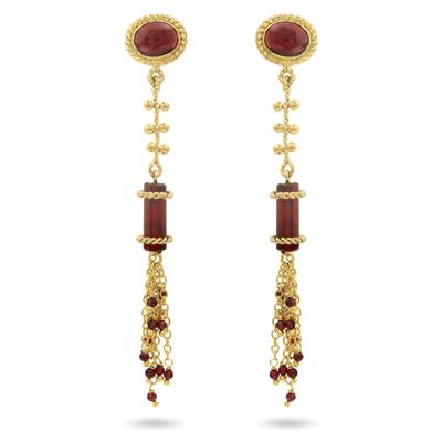 christine bekaert jewelry handcrafted gold-plated Hammurabi earrings with natural gemstones garnet

