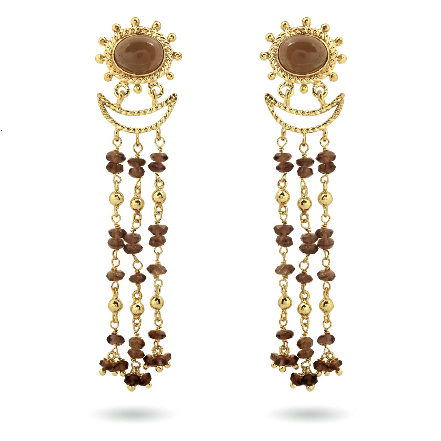 christine bekaert jewelry handcrafted gold-plated sippar earring with natural gemstones smokey quartz
