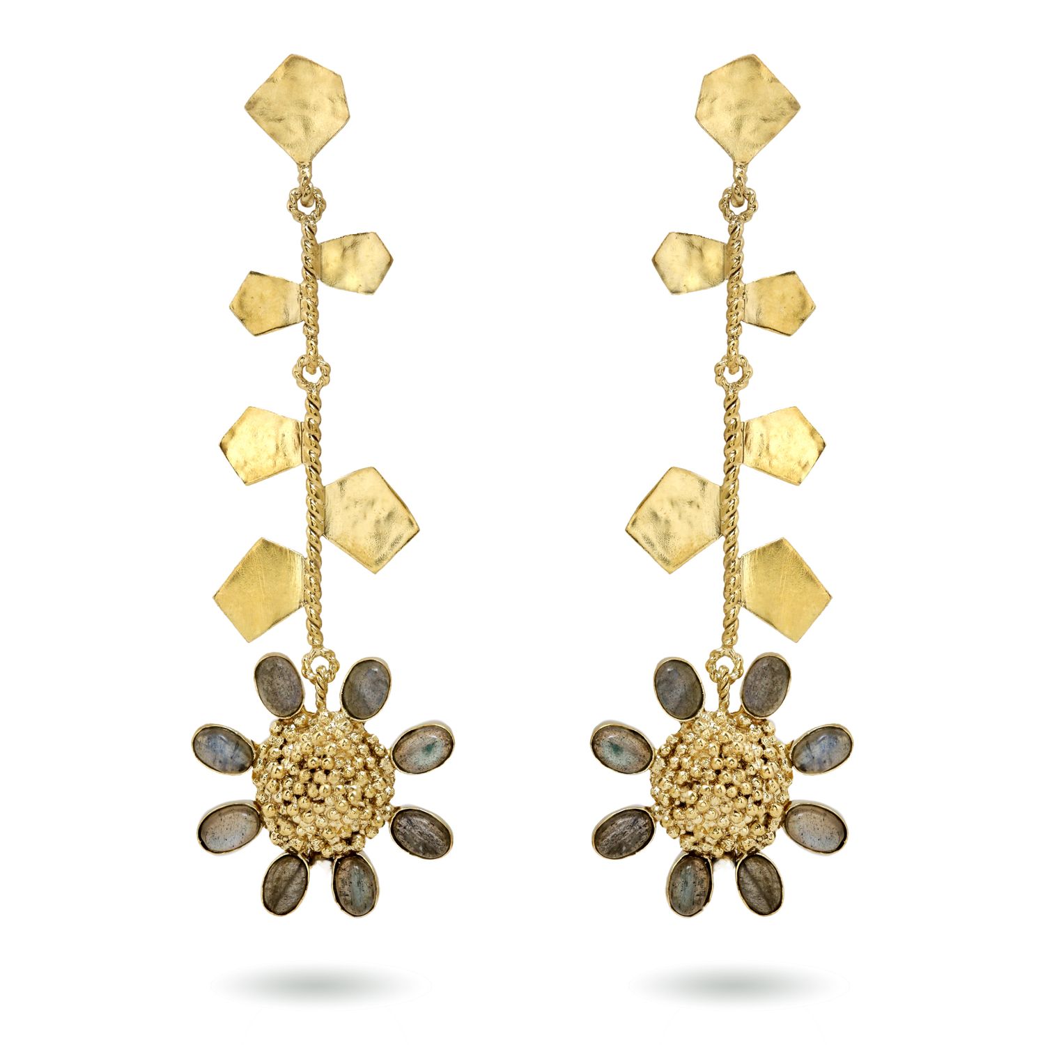 Christine Bekaert statement jewelry handcrafted gold-plated forever floret earrings with natural gemstones labradorite