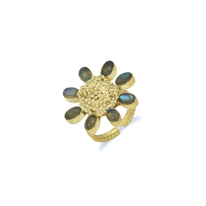 Christine Bekaert statement jewelry handcrafted gold-plated forever floret ring with labradorite and adjustable size