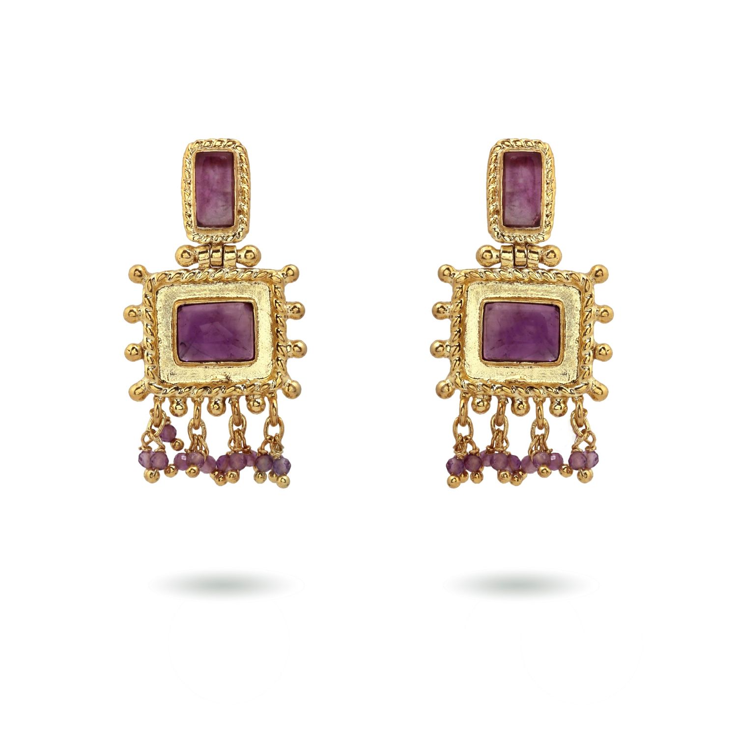 packshot Christine Bekaert Jewelry statement earrings handcrafted gold-plated nisaba with natural gemstones amethyst