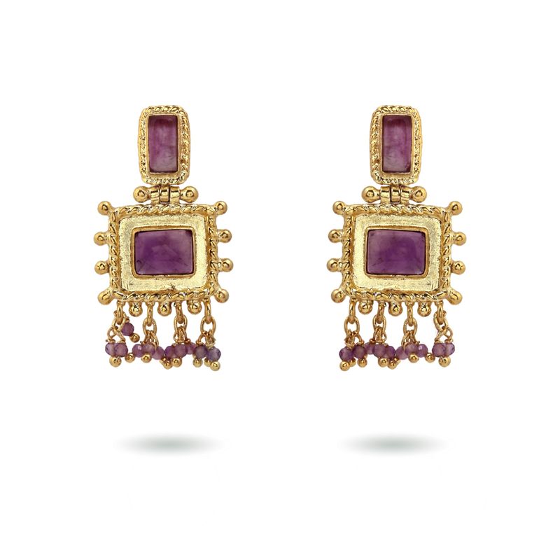 packshot Christine Bekaert Jewelry statement earrings handcrafted gold-plated nisaba with natural gemstones amethyst