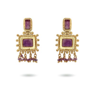 packshot Christine Bekaert Jewelry statement earrings handcrafted gold-plated nisaba with natural gemstones amethyst