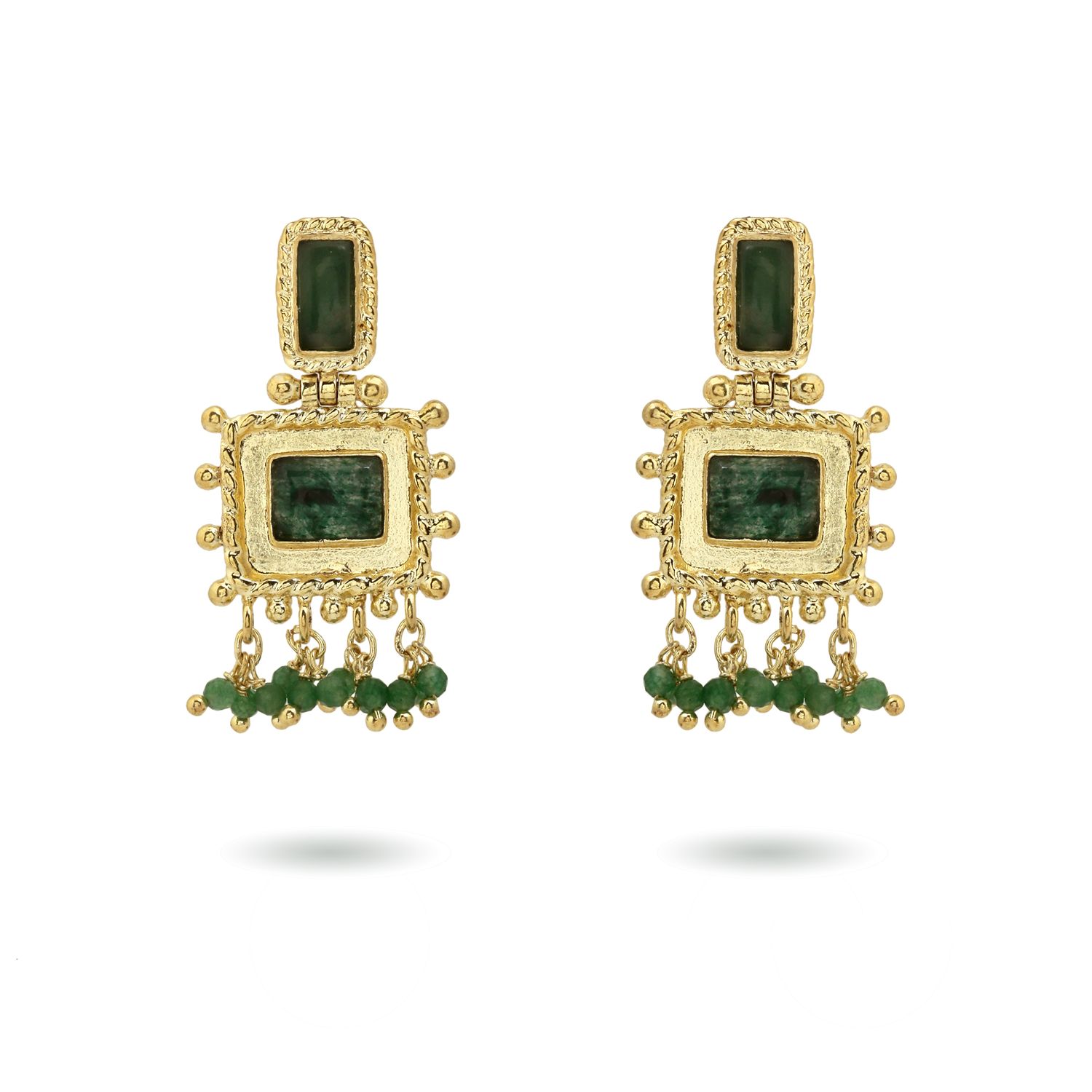 packshot Christine Bekaert Jewelry handcrafted gold-plated nisaba earrings with natural gemstones aventurine