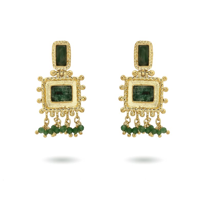 packshot Christine Bekaert Jewelry handcrafted gold-plated nisaba earrings with natural gemstones aventurine