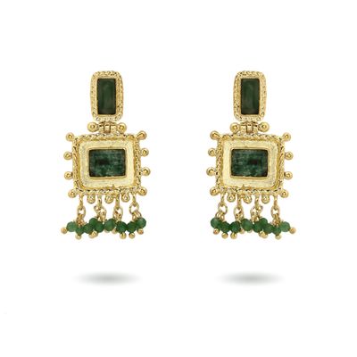 packshot Christine Bekaert Jewelry handcrafted gold-plated nisaba earrings with natural gemstones aventurine