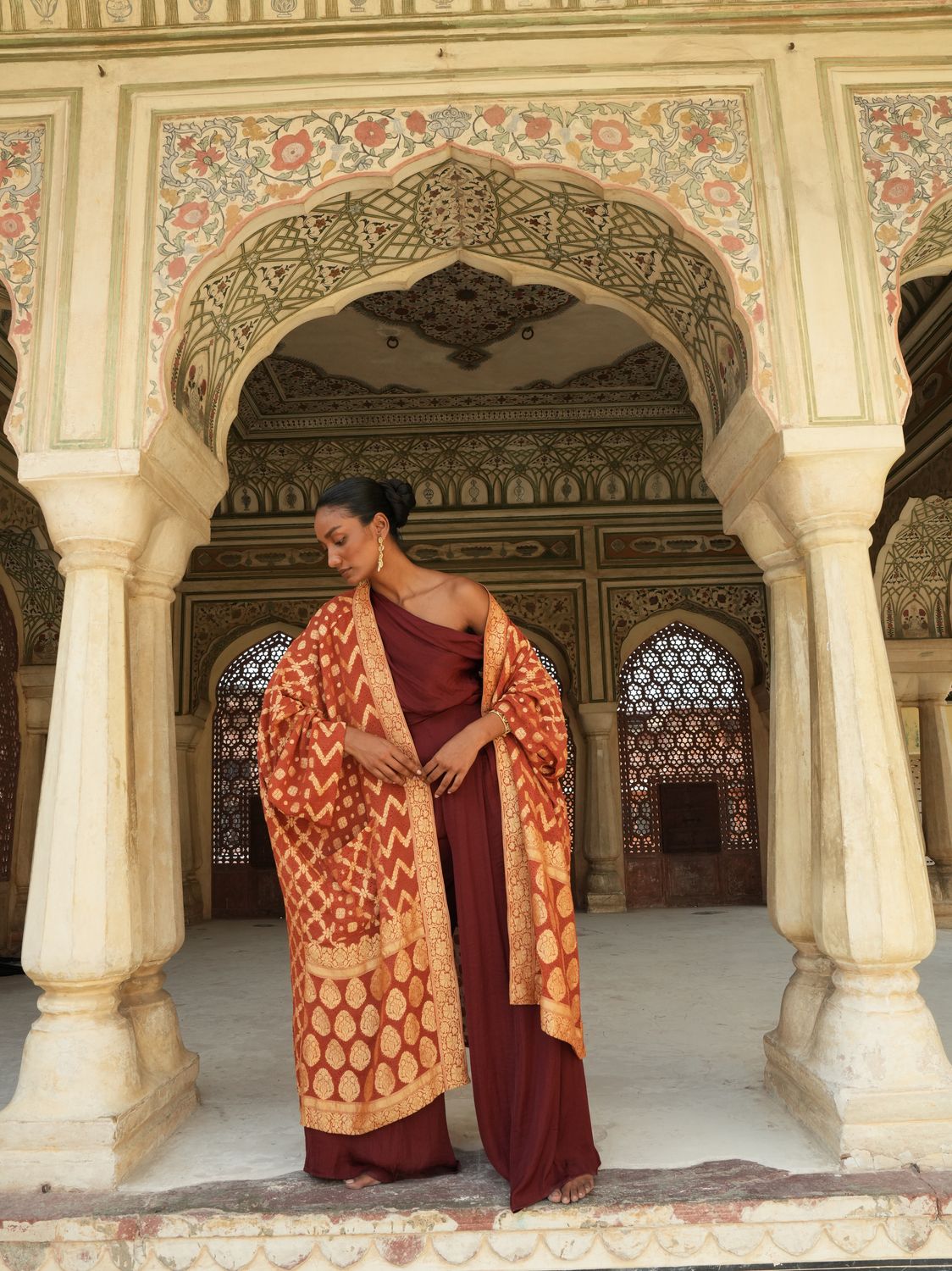 Model wearing statement kimono in handwoven handembroidered brocade saree designed by Christine Bekaert, unique piece in silk