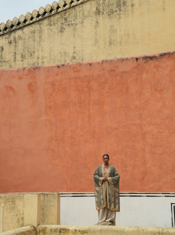 Model wearing statement kimono in handwoven handembroidered brocade saree designed by Christine Bekaert, unique piece in silk