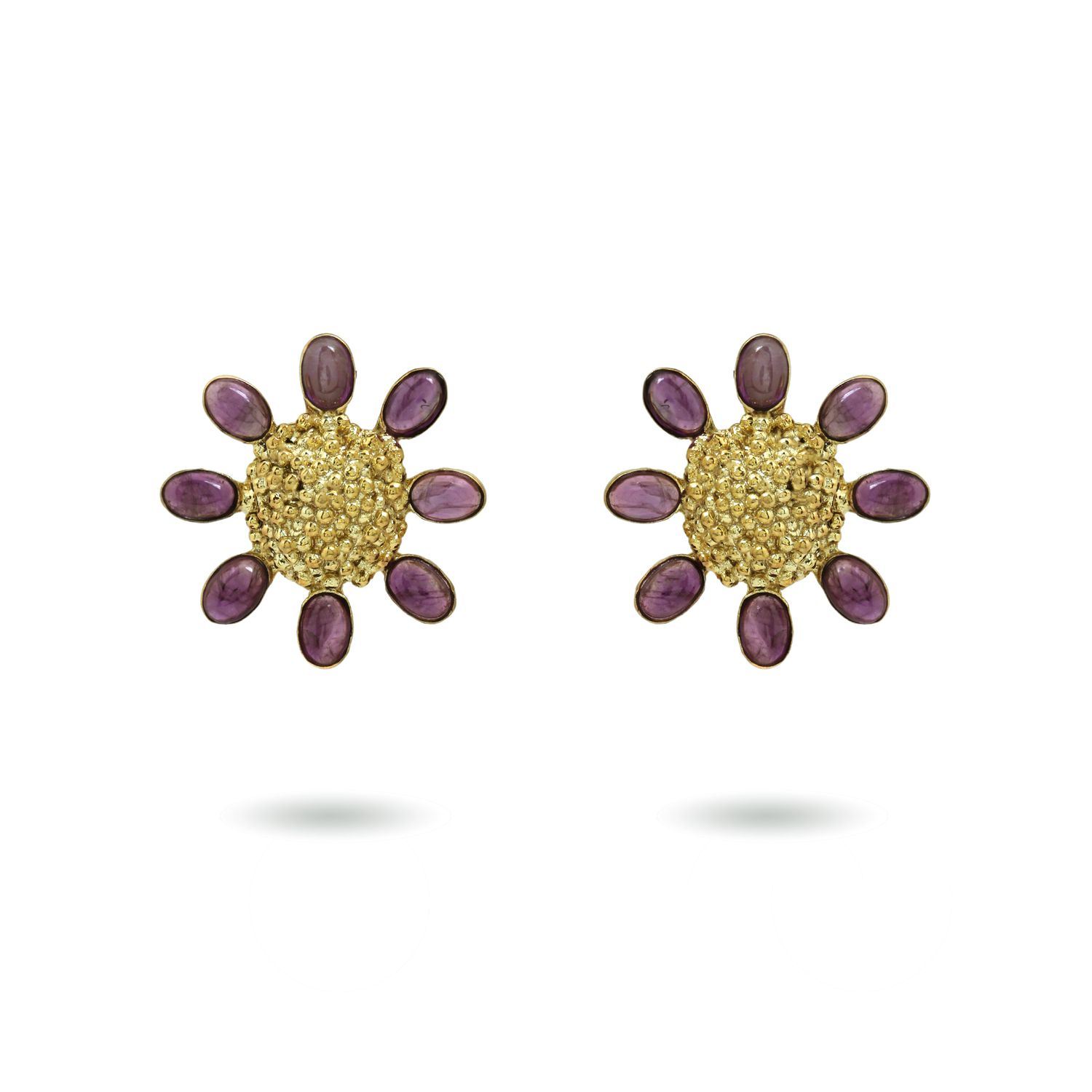 christine bekaert jewelry handcrafted gold-plated forever floret studs paper flowers with natural gemstones amethyst 
