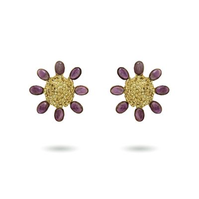 christine bekaert jewelry handcrafted gold-plated forever floret studs paper flowers with natural gemstones amethyst 
