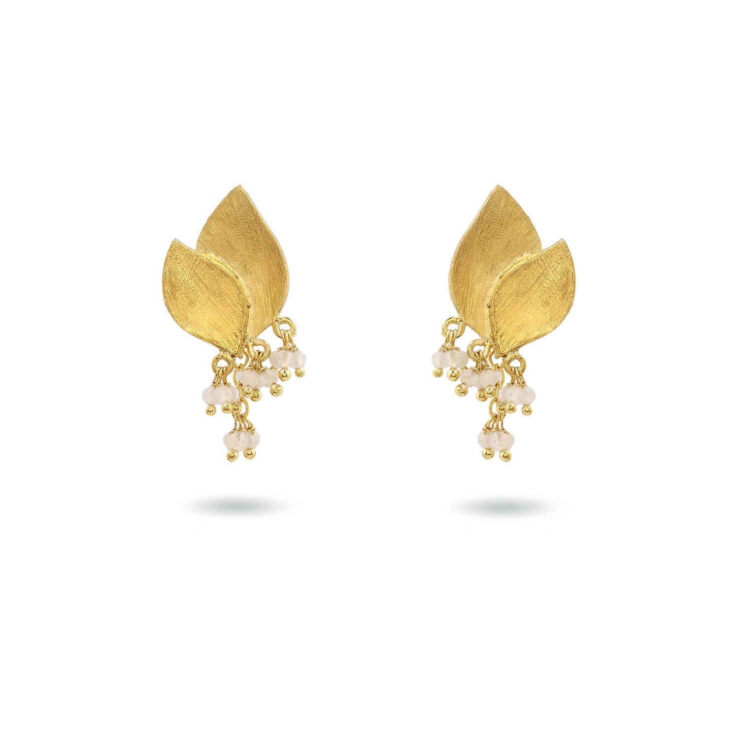 Product shot of small flower earrings with white moonstone by Belgian Christine Bekaert handcrafted statement jewelry 