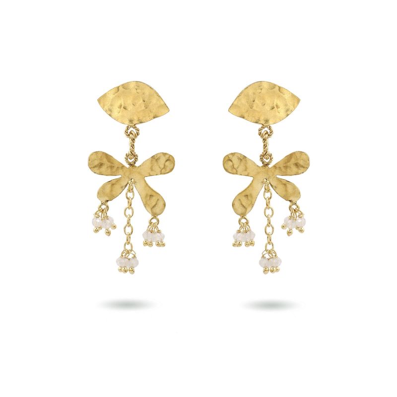 Product shot of small flower earrings with white moonstone by Belgian Christine Bekaert handcrafted statement jewelry 