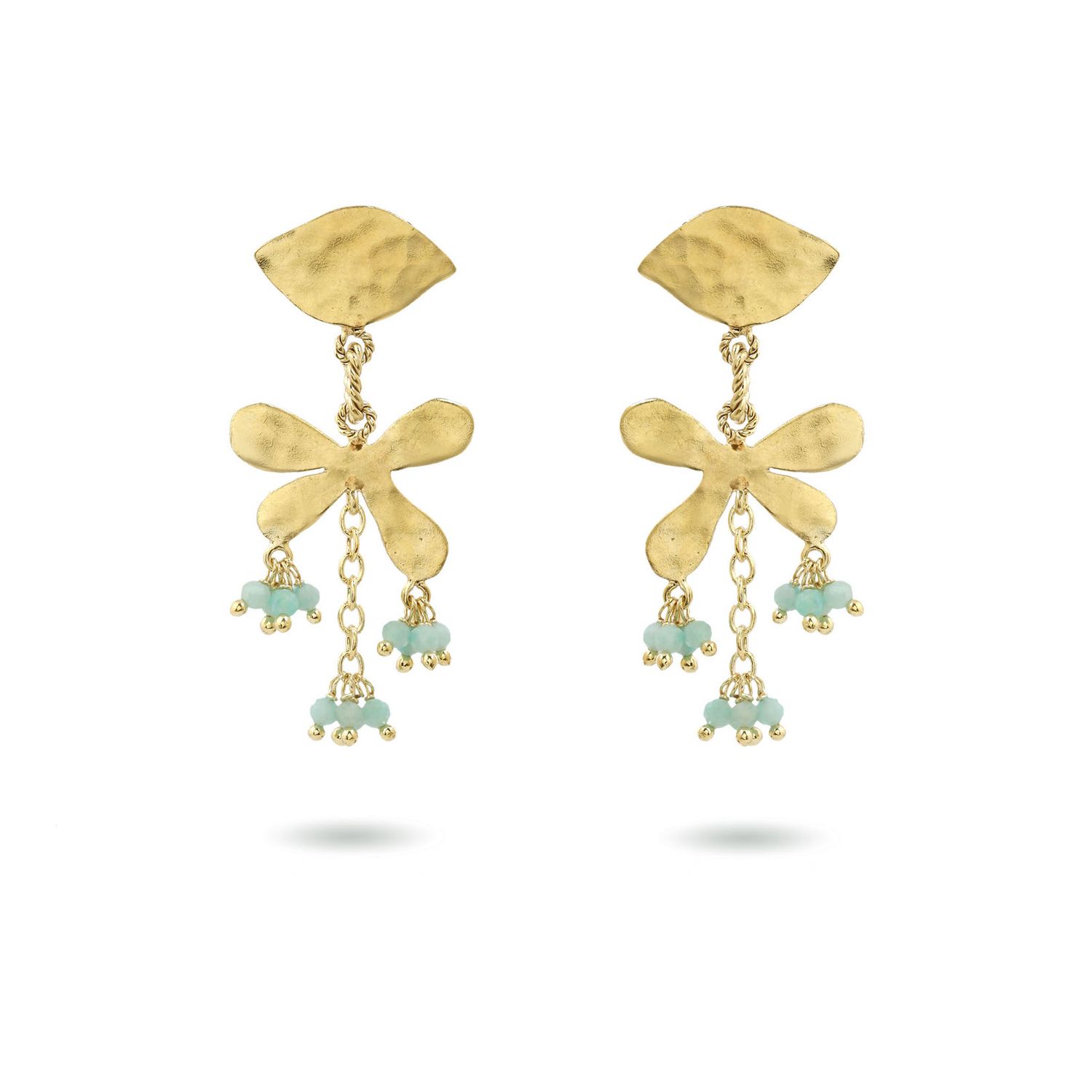 Product shot of small flower earrings with amazonite by Belgian Christine Bekaert handcrafted statement jewelry 