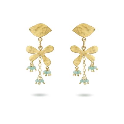 Product shot of small flower earrings with amazonite by Belgian Christine Bekaert handcrafted statement jewelry 