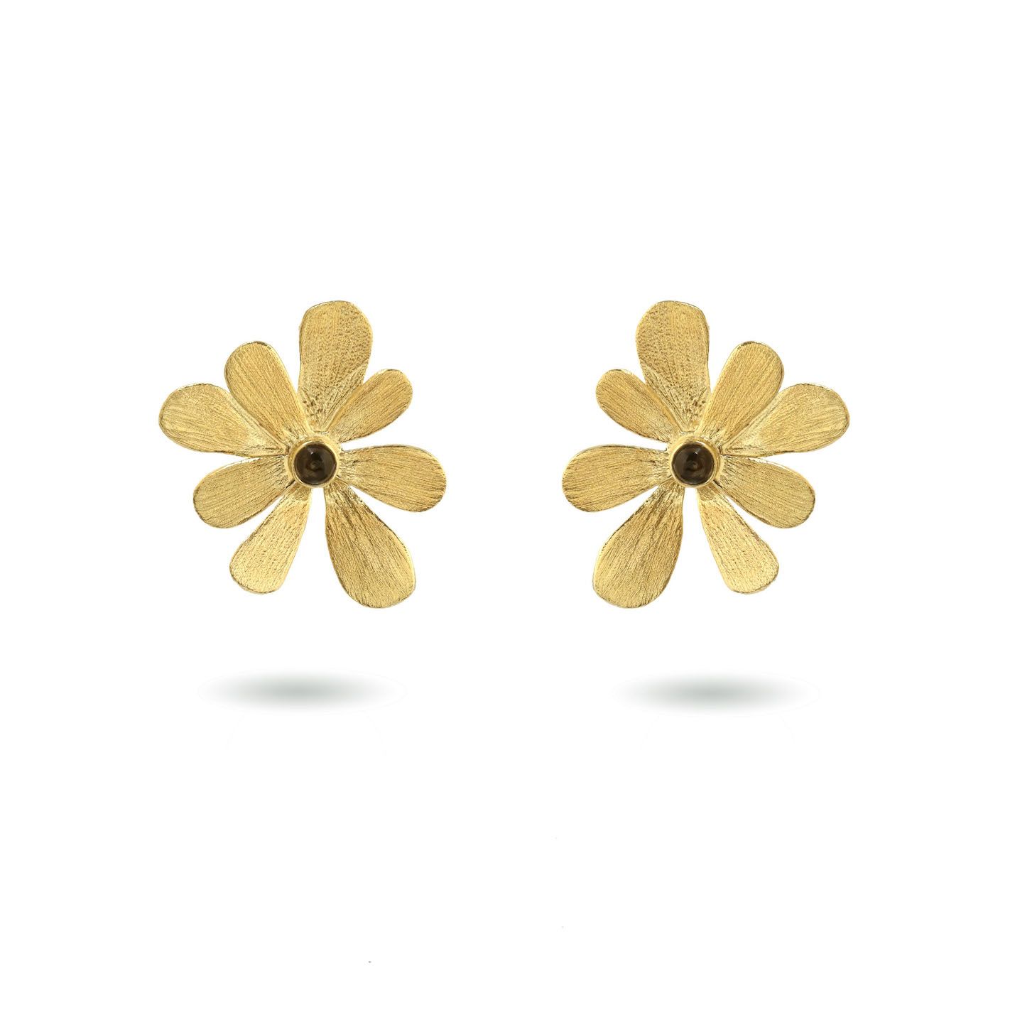 Product shot of medium flower earrings with smokey quartz by Belgian Christine Bekaert handcrafted statement jewelry 