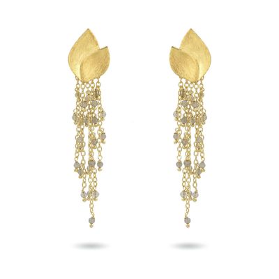 Product shot of medium flower earrings with white moonstone by Belgian Christine Bekaert handcrafted statement jewelry 