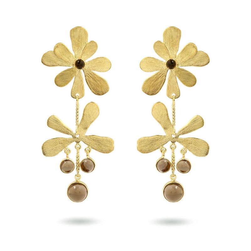 Product shot of large flower earrings with smokey quartz by Belgian Christine Bekaert handcrafted statement jewelry 