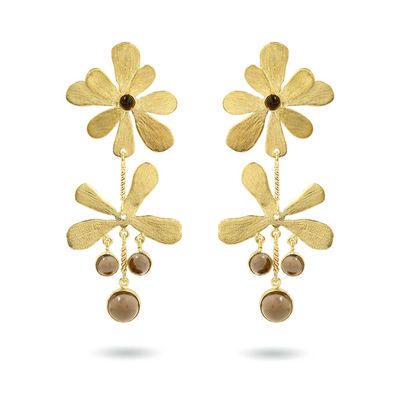 Product shot of large flower earrings with smokey quartz by Belgian Christine Bekaert handcrafted statement jewelry 