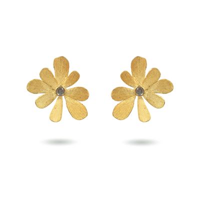 Product shot of medium flower earrings with white moonstone by Belgian Christine Bekaert handcrafted statement jewelry 