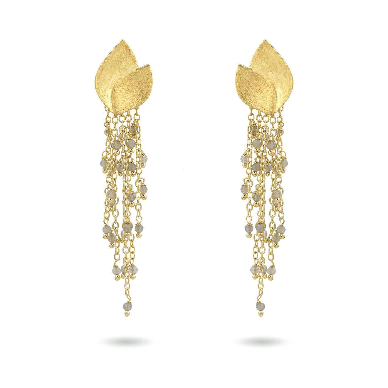 Product shot of medium flower earrings with labradorite by Belgian Christine Bekaert handcrafted statement jewelry 