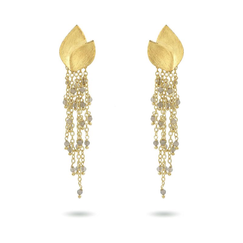 Product shot of medium flower earrings with labradorite by Belgian Christine Bekaert handcrafted statement jewelry 