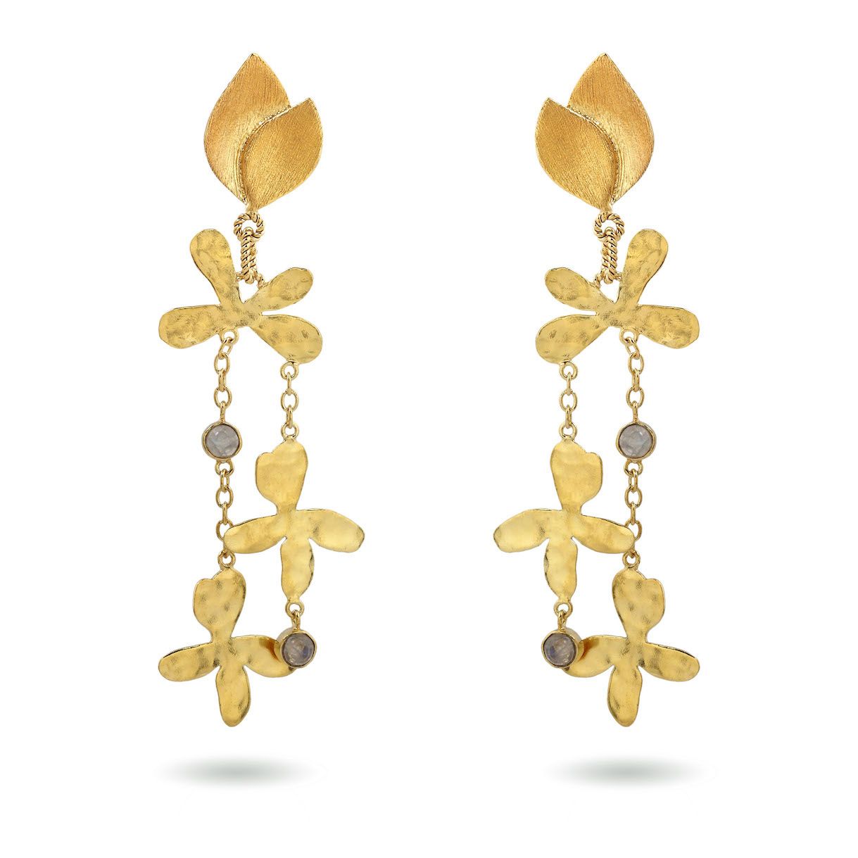 Product shot of large flower earrings with white moonstone by Belgian Christine Bekaert handcrafted statement jewelry 