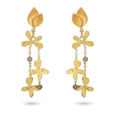 Product shot of large flower earrings with white moonstone by Belgian Christine Bekaert handcrafted statement jewelry 