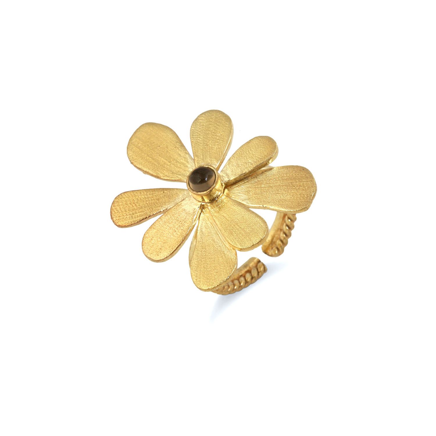 Product shot of adjustable flower ring with amethyst by Belgian Christine Bekaert handcrafted statement jewelry