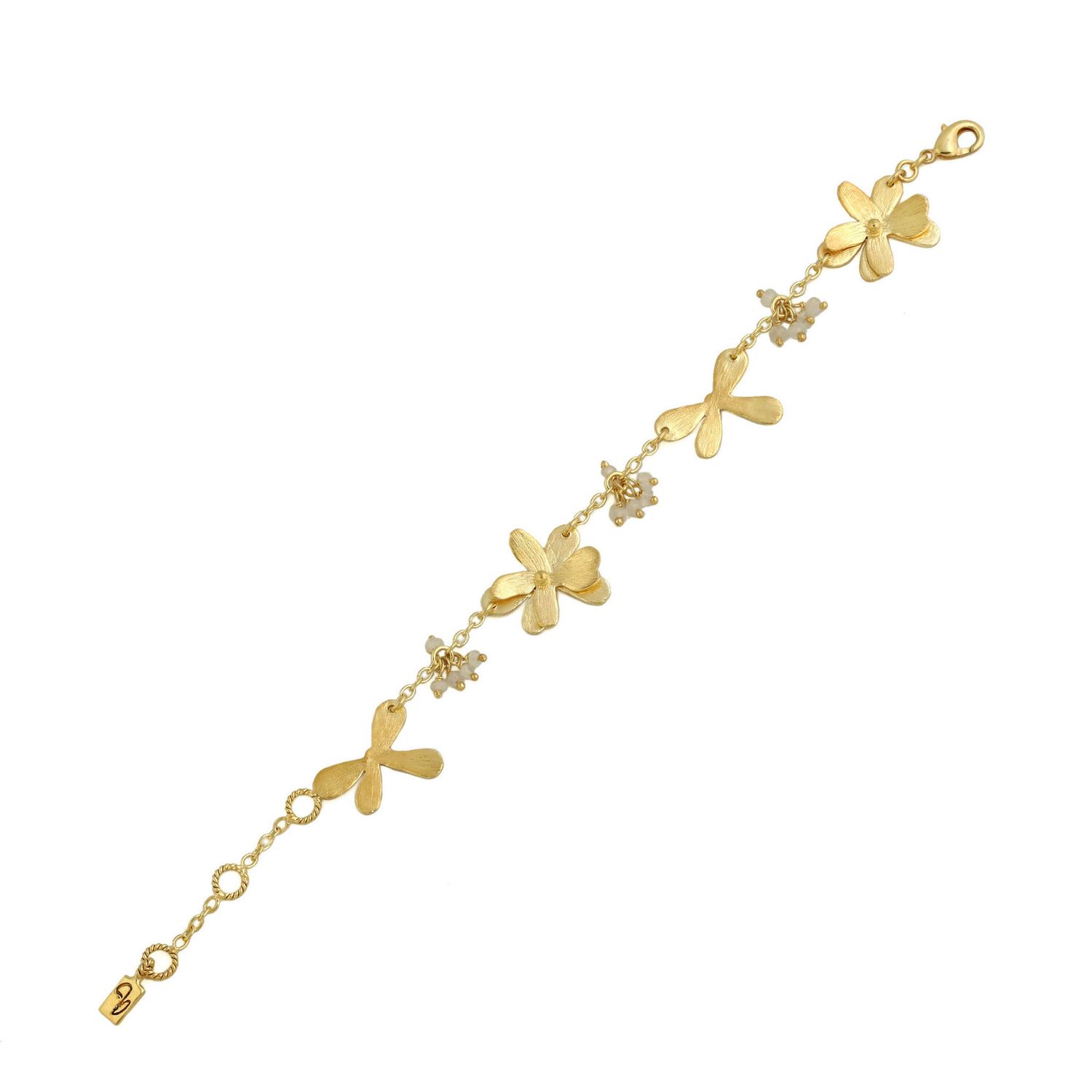 Product shot of flower bracelet with pearl by Belgian Christine Bekaert handcrafted statement jewelry