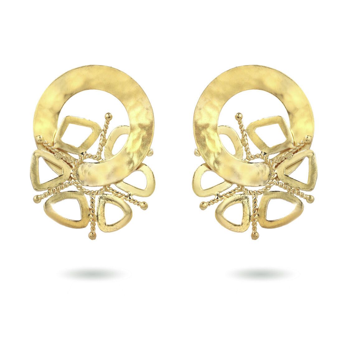 Product shot of large circular earrings by Belgian Christine Bekaert handcrafted statement jewelry