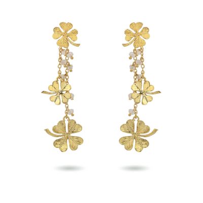 Product shot of small clover earrings with white moonstone by Belgian Christine Bekaert handcrafted statement jewelry 