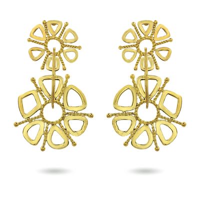 Product shot of small circular earrings by Belgian Christine Bekaert handcrafted statement jewelry