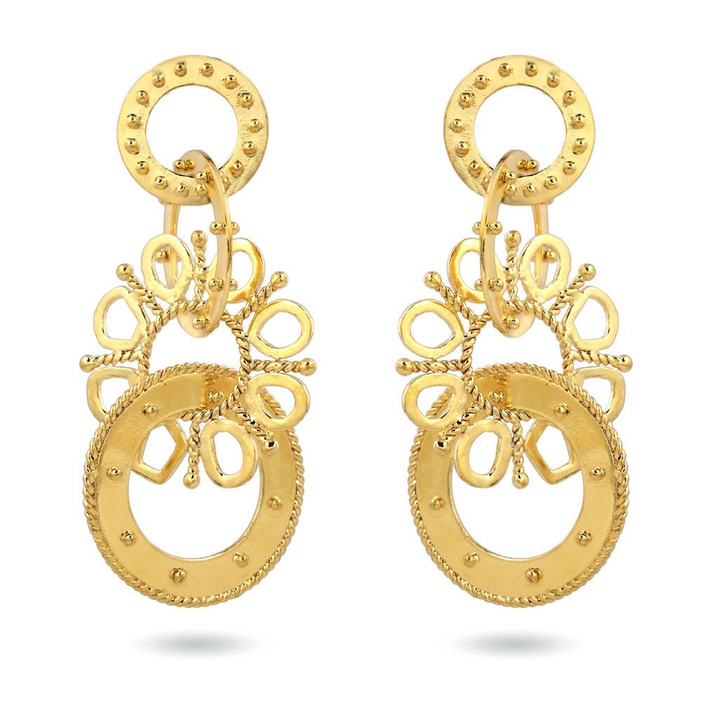 Product shot of large circular earrings by Belgian Christine Bekaert handcrafted statement jewelry