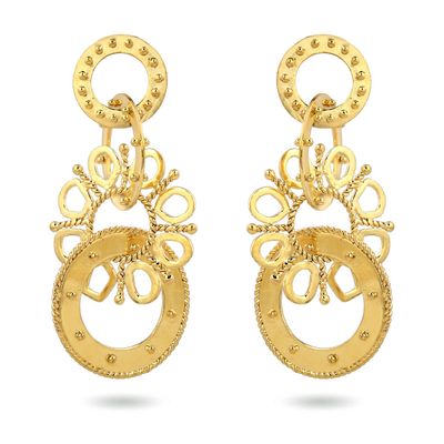 Product shot of large circular earrings by Belgian Christine Bekaert handcrafted statement jewelry