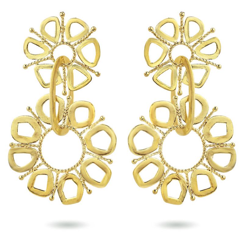Product shot of large circular earrings by Belgian Christine Bekaert handcrafted statement jewelry