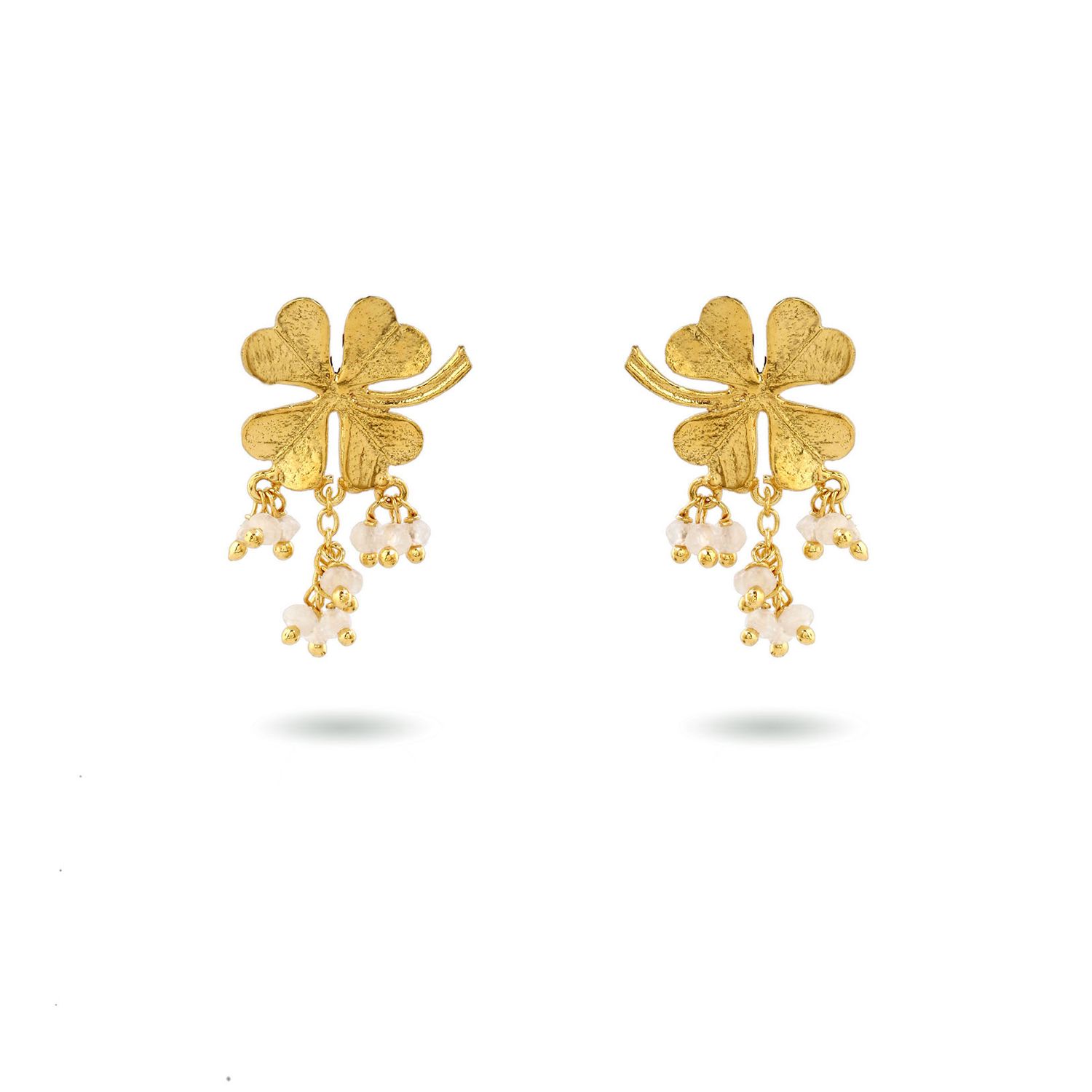 Product shot of small clover earrings with amazonite by Belgian Christine Bekaert handcrafted statement jewelry