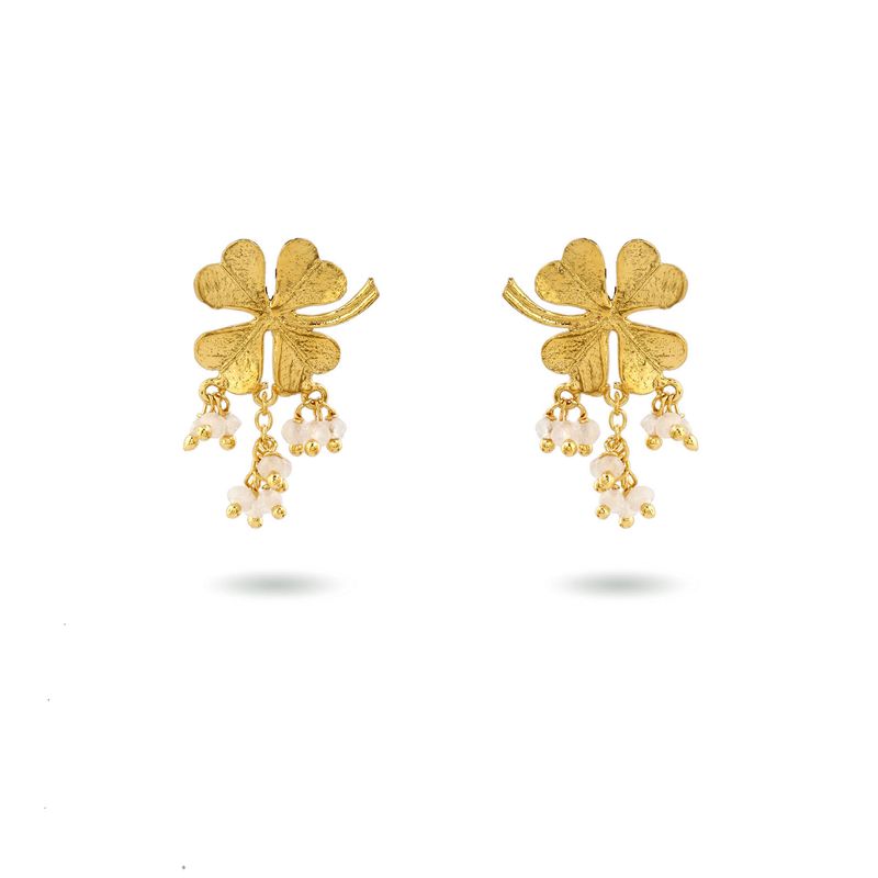 Product shot of small clover earrings with amazonite by Belgian Christine Bekaert handcrafted statement jewelry