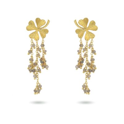 Product shot of small clover earrings with labradorite by Belgian Christine Bekaert handcrafted statement jewelry 