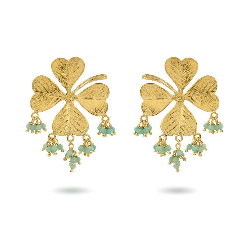 Product shot of large clover earrings with white moonstone by Belgian Christine Bekaert handcrafted statement jewelry 