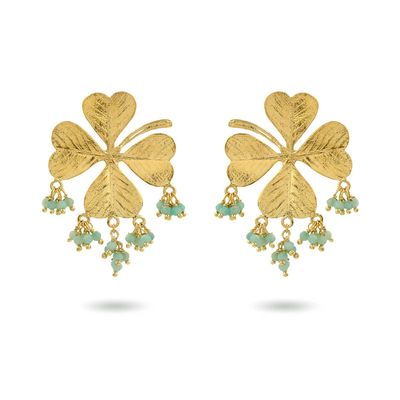 Product shot of large clover earrings with white moonstone by Belgian Christine Bekaert handcrafted statement jewelry 