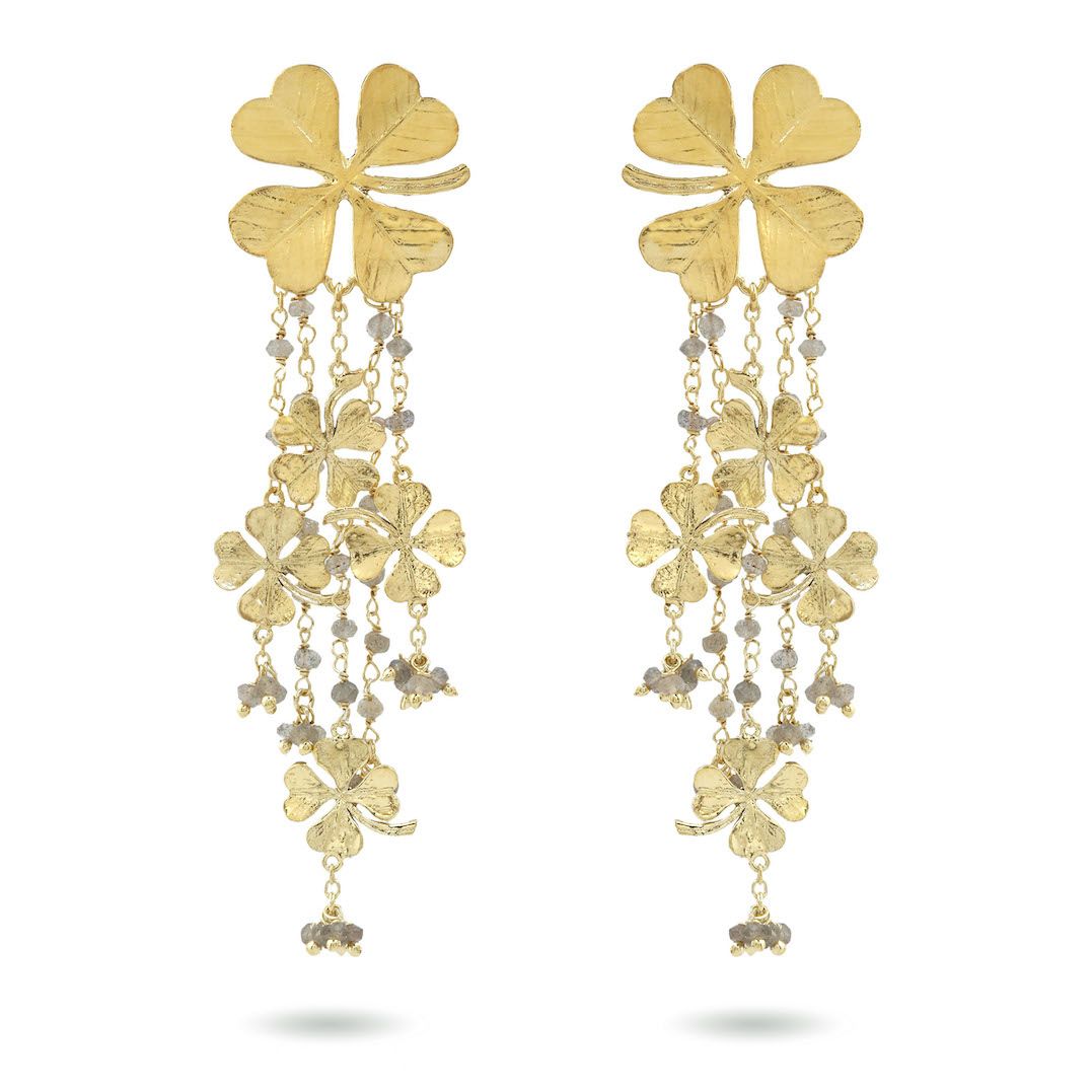 Product shot of large clover earrings with labradorite by Belgian Christine Bekaert handcrafted statement jewelry 