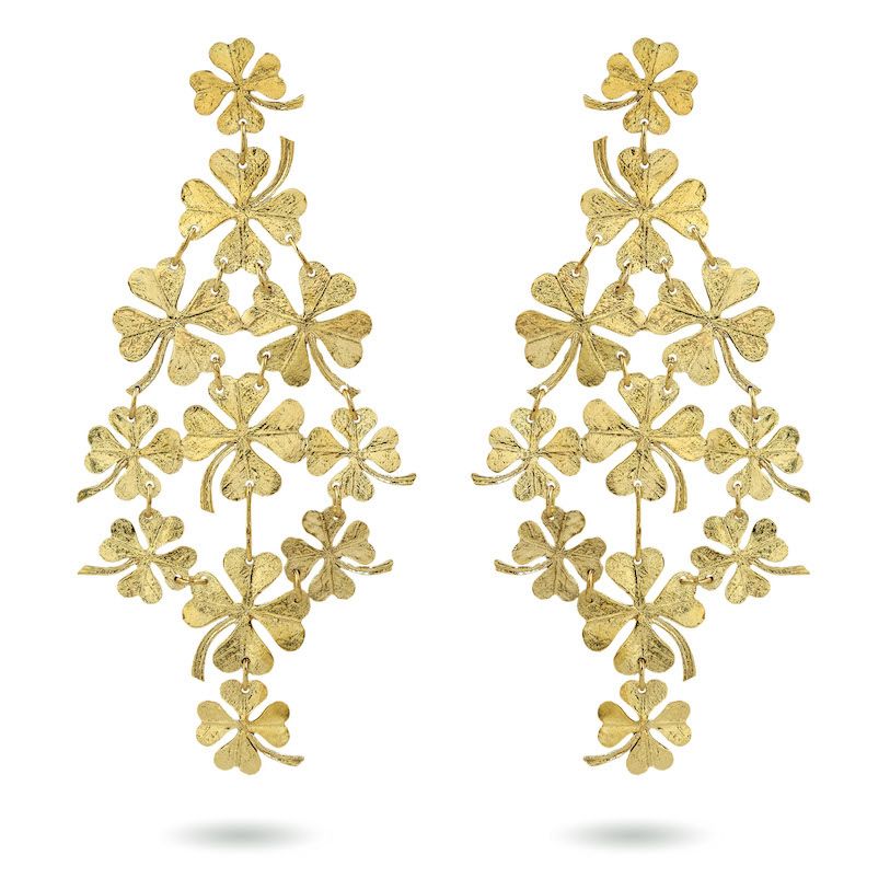 Product shot of large clover earrings by Belgian Christine Bekaert handcrafted statement jewelry 