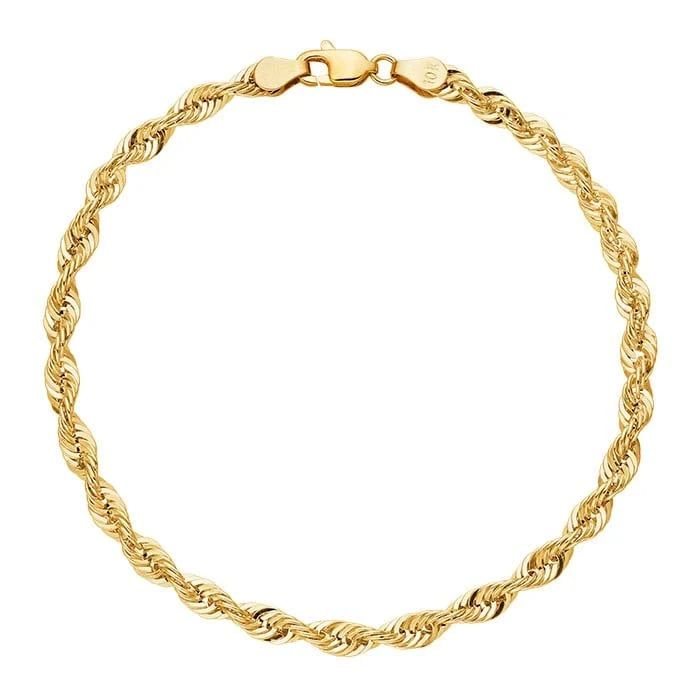 10K Yellow Gold 4mm Semi-Hollow Diamond-Cut Rope Chain Bracelet