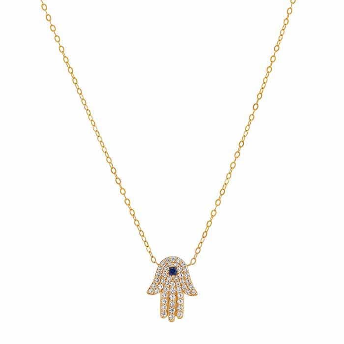 10K Yellow Gold Sapphire Hamsa Necklace 17"
